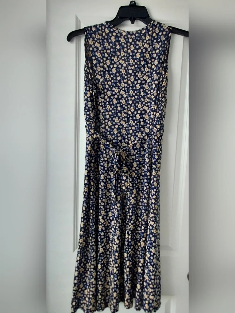 Silk Dress V Neck Sleeveless  Rhinestone Glitter Navy Floral Y2K Babydoll L/XL
